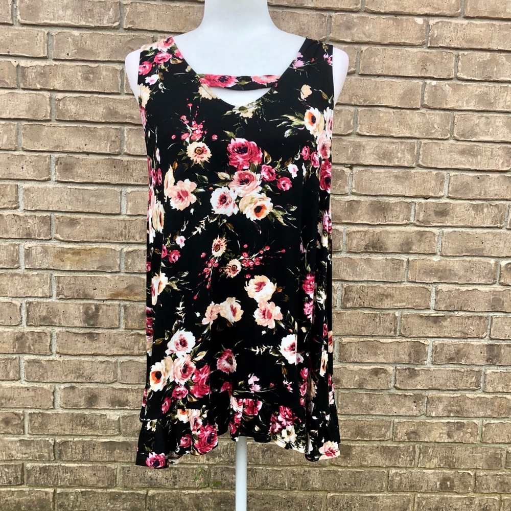 Accent: black floral sleeveless top